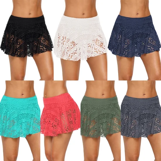 Cueca de biquíni com saia de crochê verde oliva para meninas e mulheres, calcinha de praia de renda sexy de cintura alta, shorts de lingerie de natação por atacado