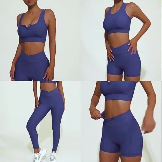 Shorts de náilon elastano preto 2 peças com corte em V Conjunto de ioga Conjuntos femininos de fitness para roupas esportivas femininas Yoga Ginásio Conjuntos de ioga com costela sem costura